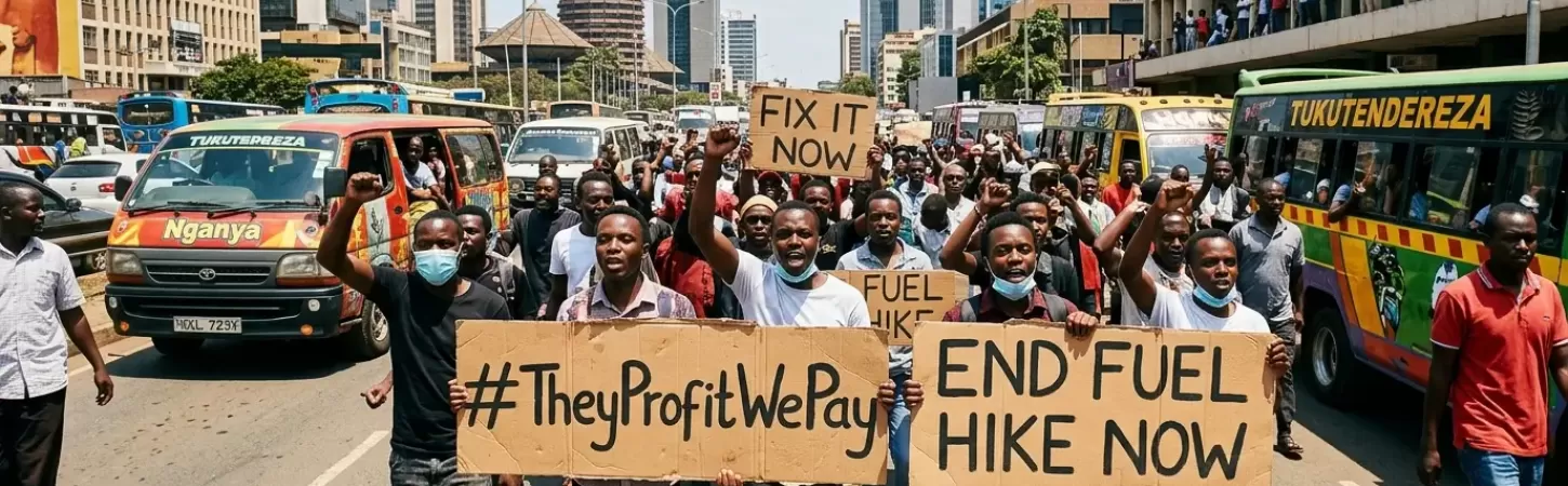 Protesters in Nairobi holding up placards protesting the Iran war. The placards say We Pay They Profit